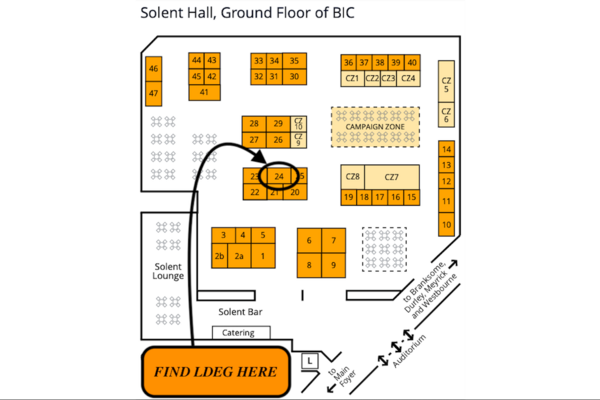 An arrow on a map of the Exhibition Floor pointing at the LDEG Stall (number 24) 