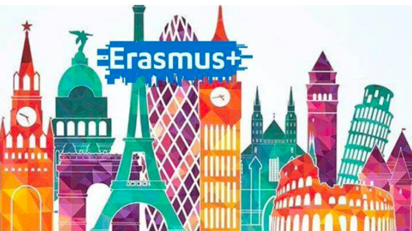 A graphic of major tourist attractions from major cities across Europe, titled 'Erasmus+'